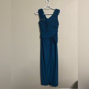 Adrianna Papell Evening Blue Brooch Draped Sleeveless Dress Size 8P Mother Bride